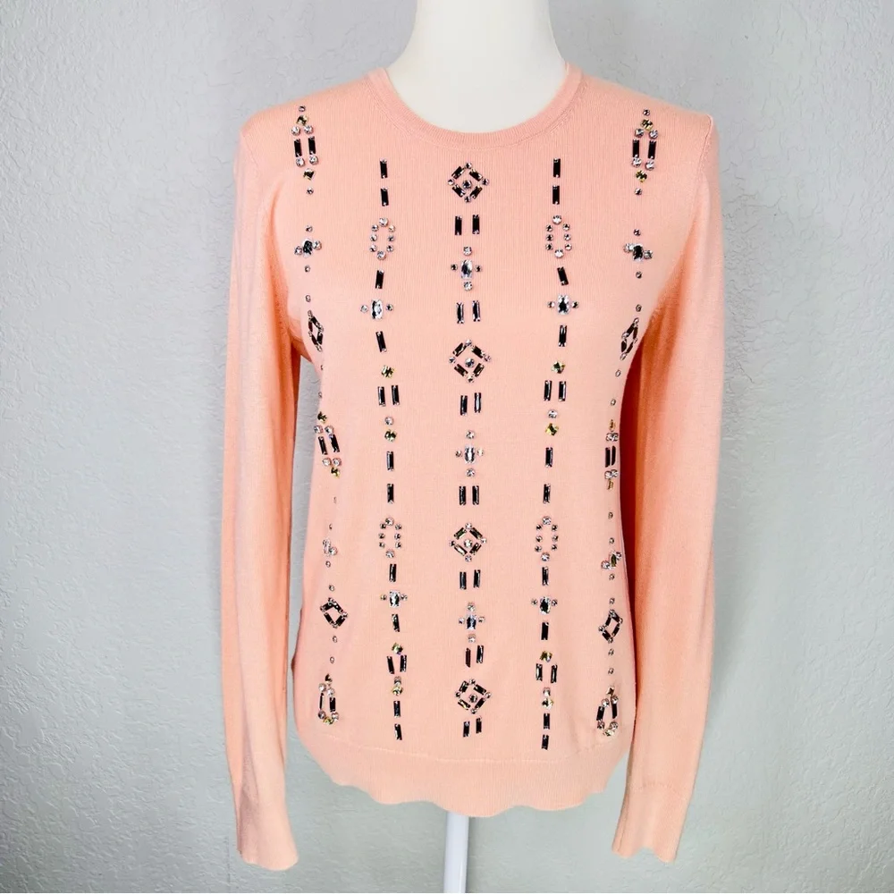 Ann Taylor Blush Pink Gemstone Embellished Wool Blend Knit Crew Neck Sweater